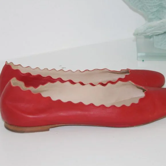 Chloe Lauren Scalloped Leather Ballet Flats, Red Leather Shoes sz 37 7 - Picture 4 of 7